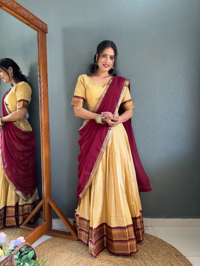 Ethnic Festive Royal Paithani  Beige Cotton Silk Lehanga Suit