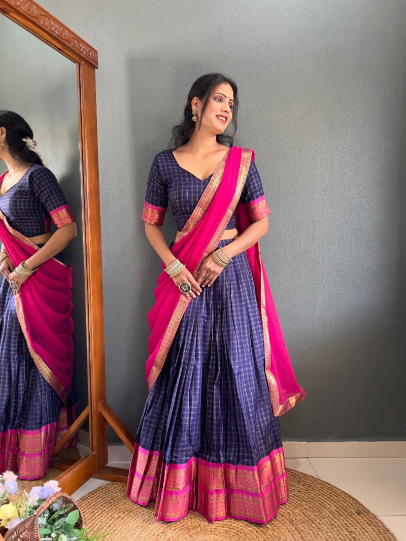 Elegant Ethnic Royal Blue Cotton Silk Paithani Lehanga Suit
