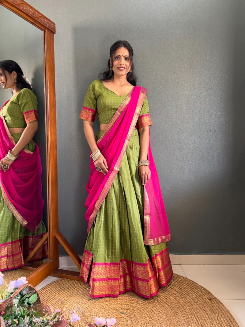 Traditional Festive Cotton Silk Olive Green Paithani Lehanga Suit