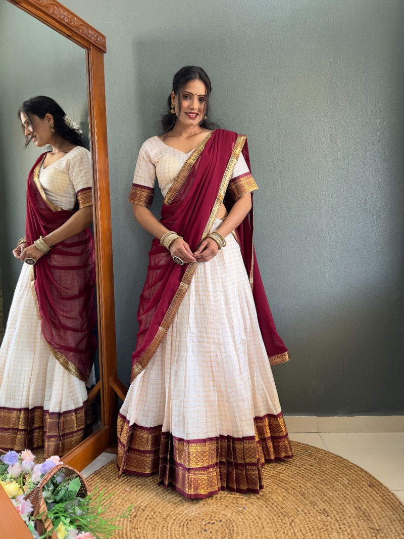Elegant White & Maroon Checked Cotton Silk Paithani Lehanga Suit