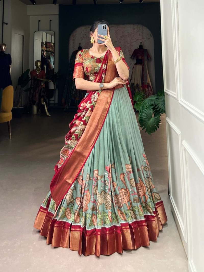 Authentic Elegant Ethnic  Sea Green Dola Silk Lehanga Suit