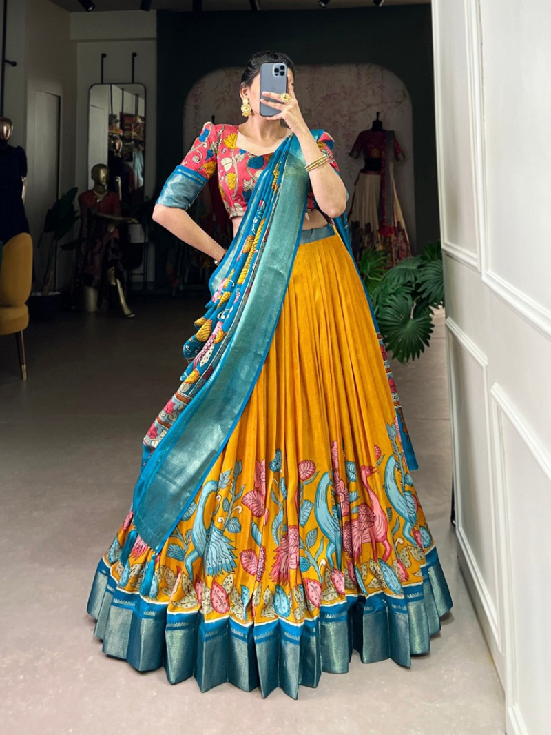 Ethnic Traditional Festive  Mustard & Teal  Dola Silk Lehanga Suit