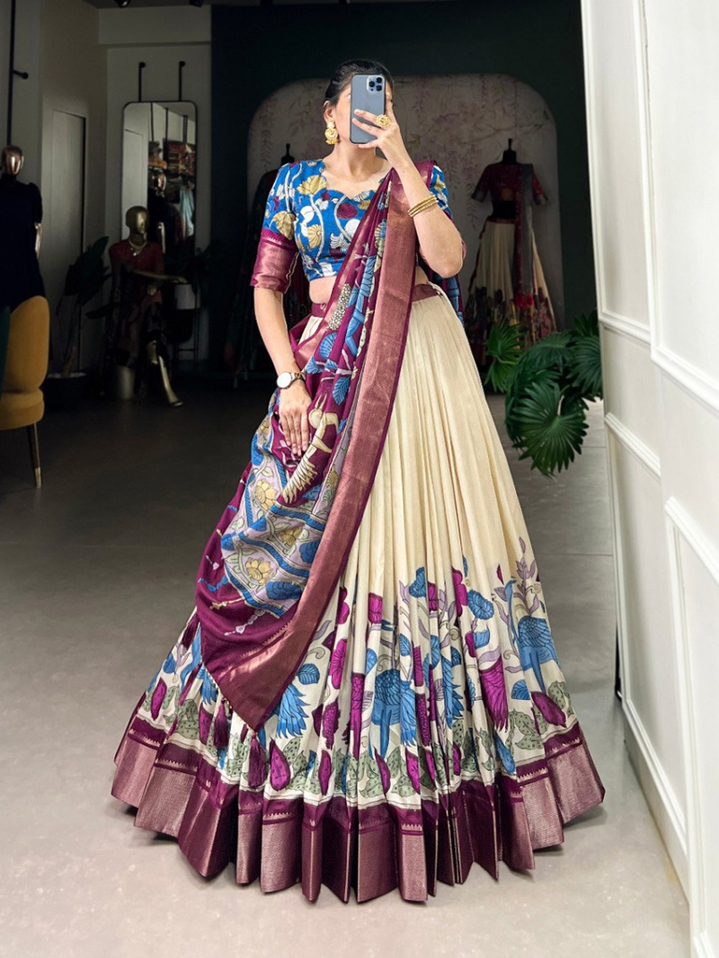 Ethnic Traditional Festive Dola Silk Ivory & Wine Lehanga Suit