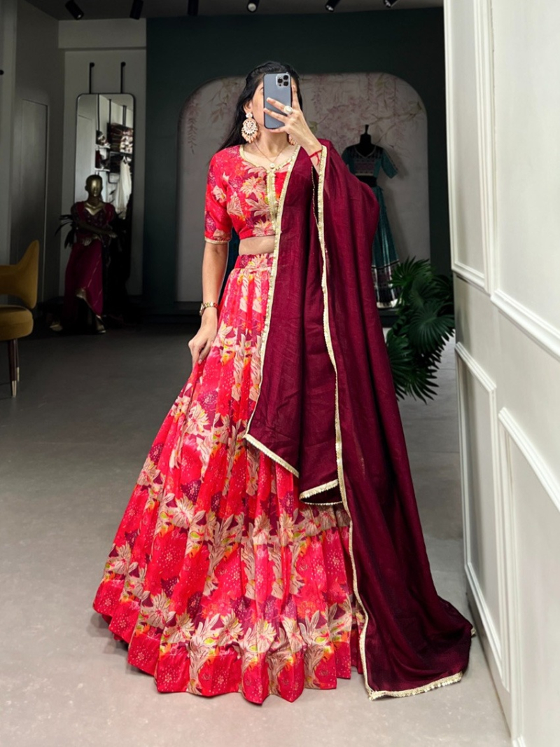 Ethnic Festive Traditional Red Floral Tussar Silk Lehanga Suit