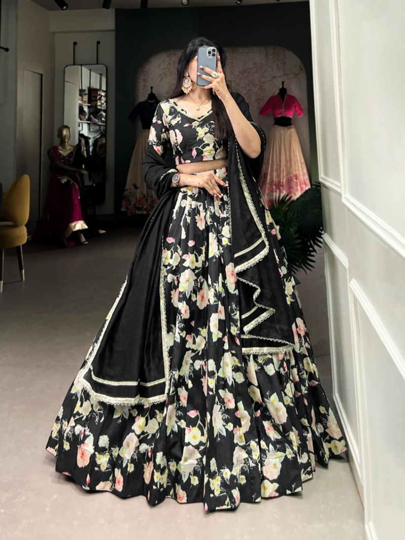 Elegant Ethnic Festive Black Floral Tussar Silk Lehanga Suit