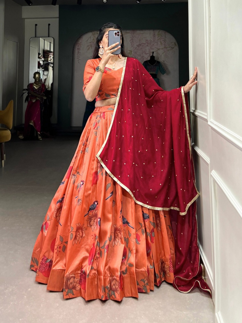 Elegant Ethnic Festive Rust Tusser Silk Lehanga Suit