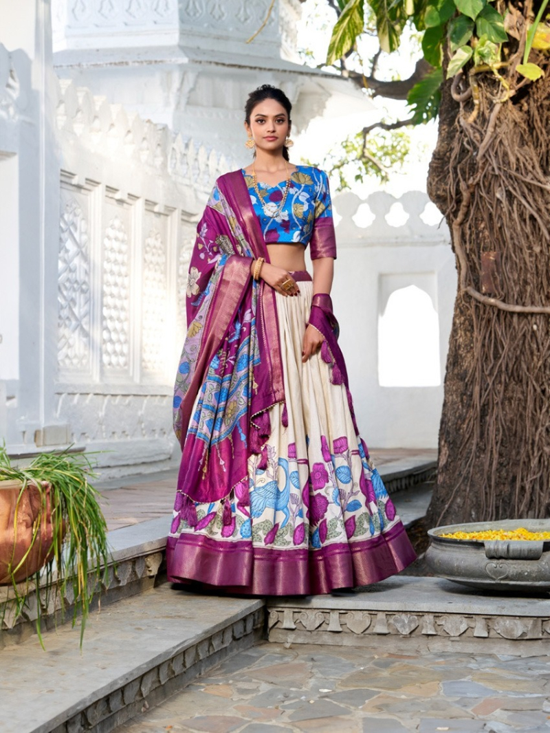 Elegant Ethnic Cream  Dola Silk Lehanga Suit