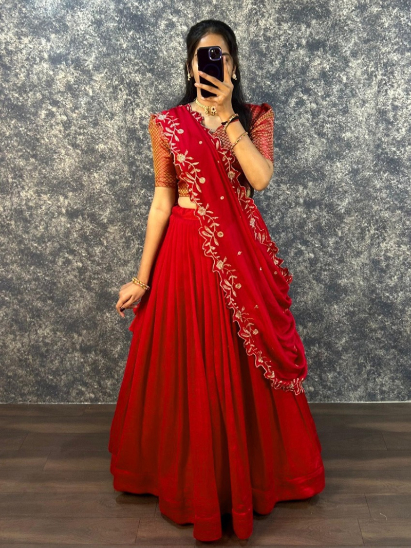 Elegant Ethnic Vichitra Silk Red Lehanga Suit