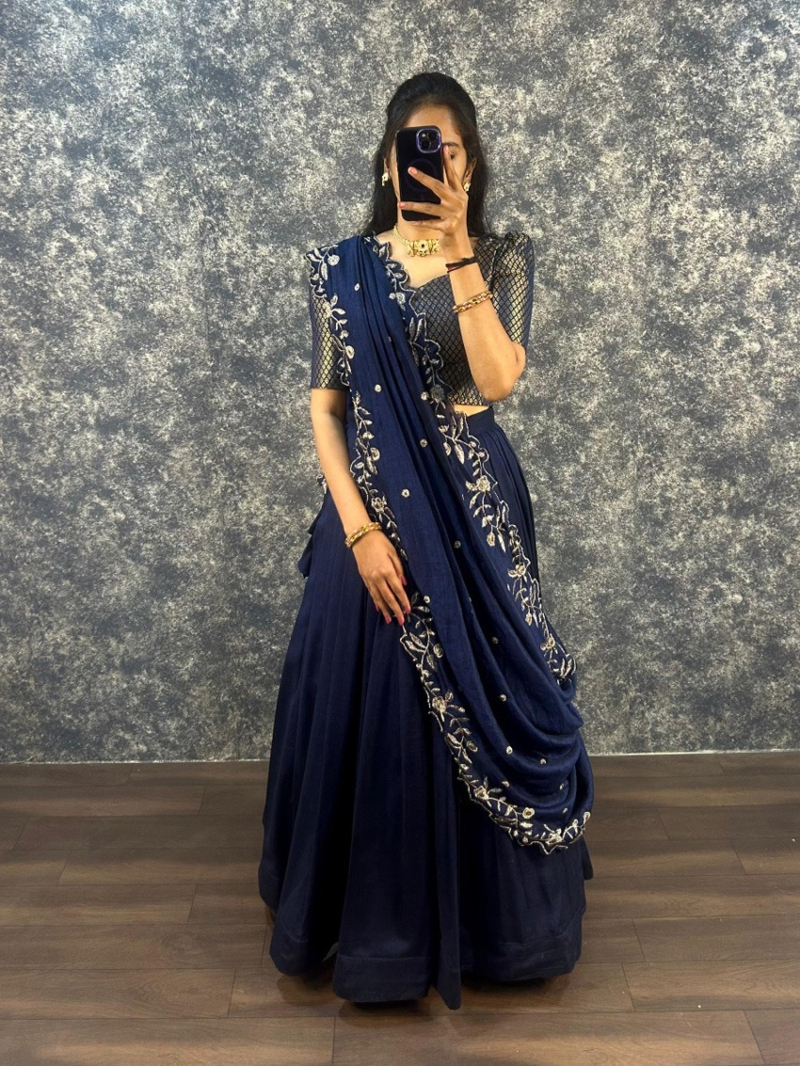 Elegant Ethnic Festive  Navy Blue Vichitra Silk Lehanga Suit