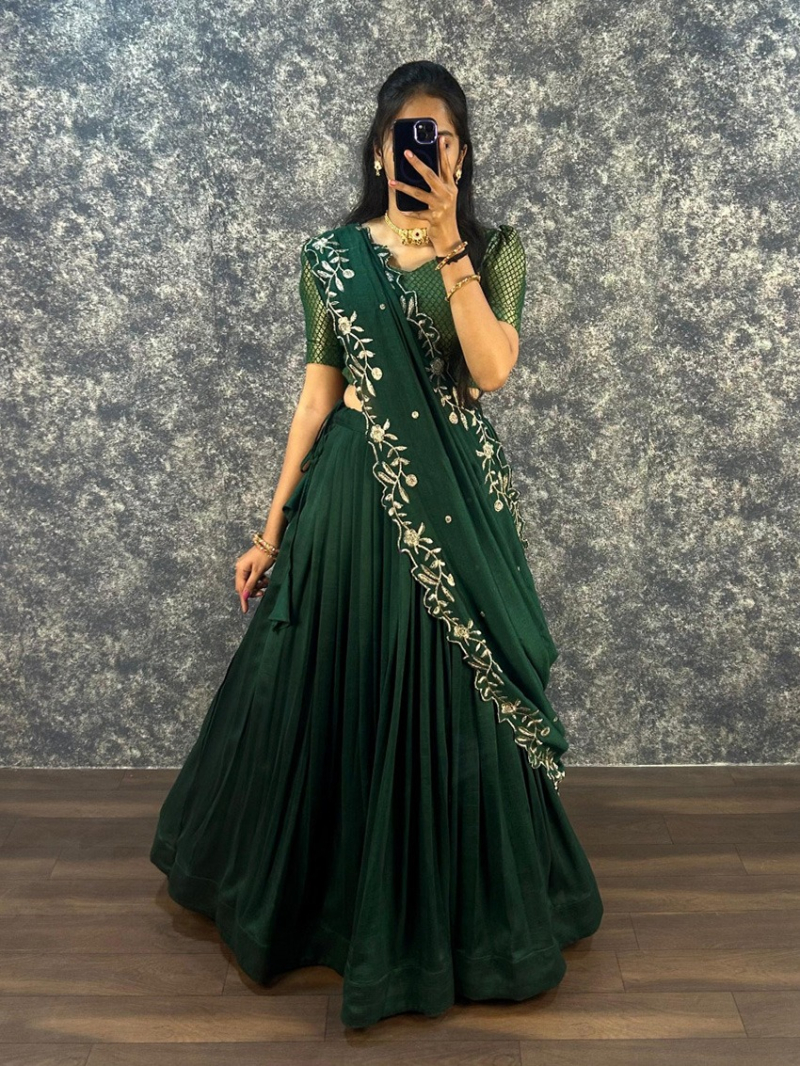  Ethnic Festive Royal Green Vichitra Silk Lehanga Suit