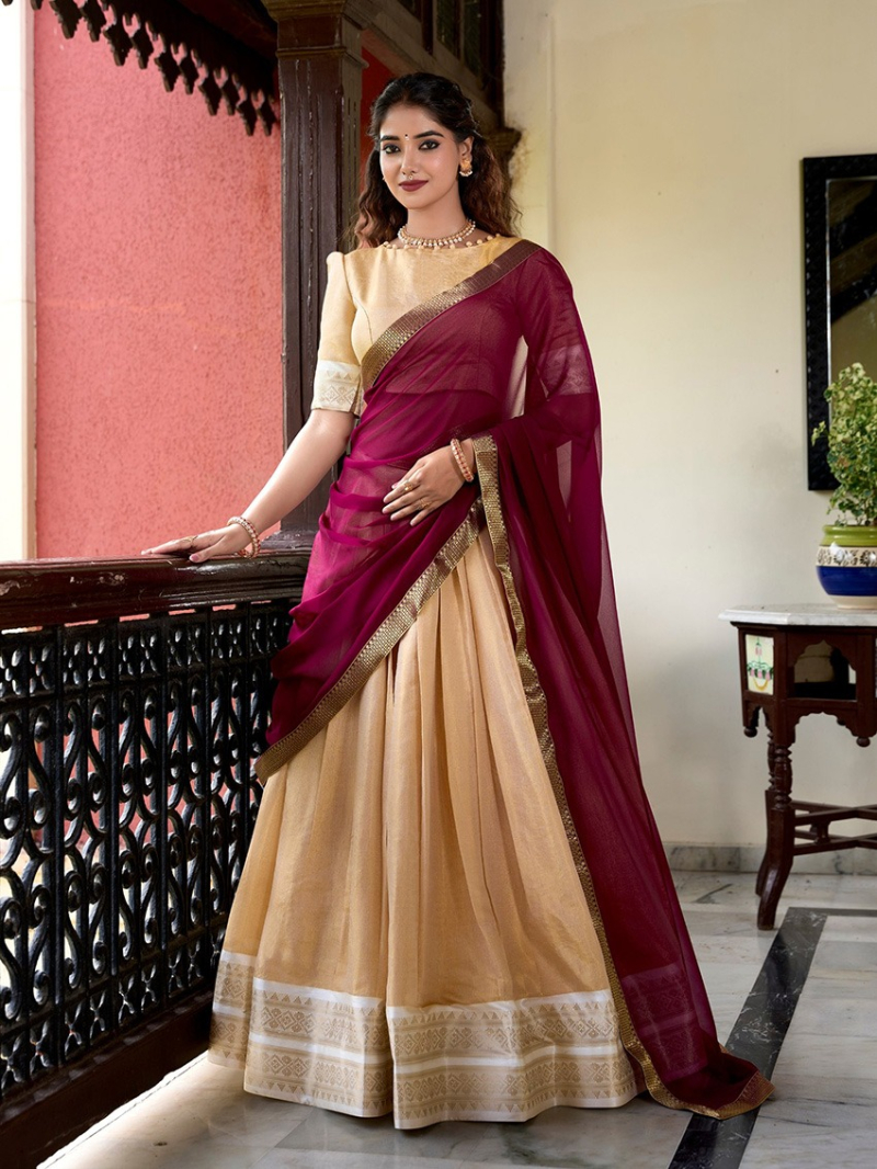 Elegant Ethnic Festive Beige & Maroon Kanchipuram Lehanga Suit