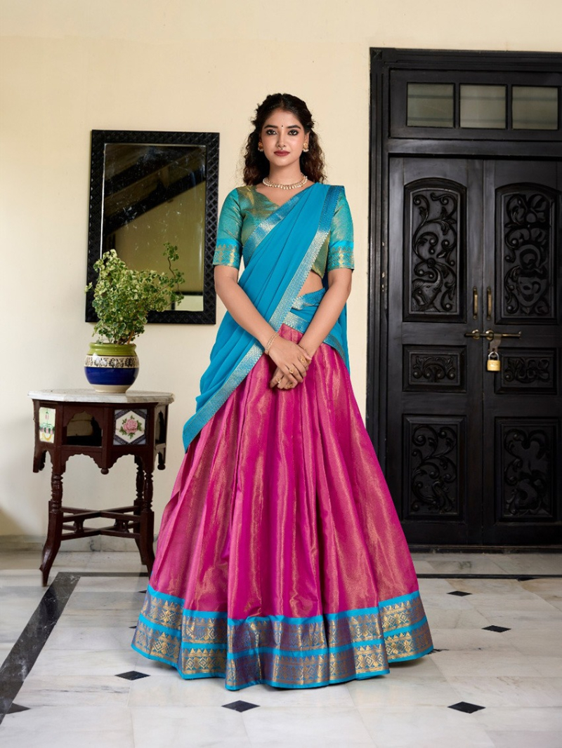 Elegant Ethnic Rani Pink & Teal Blue Kanchipuram Lehanga Suit