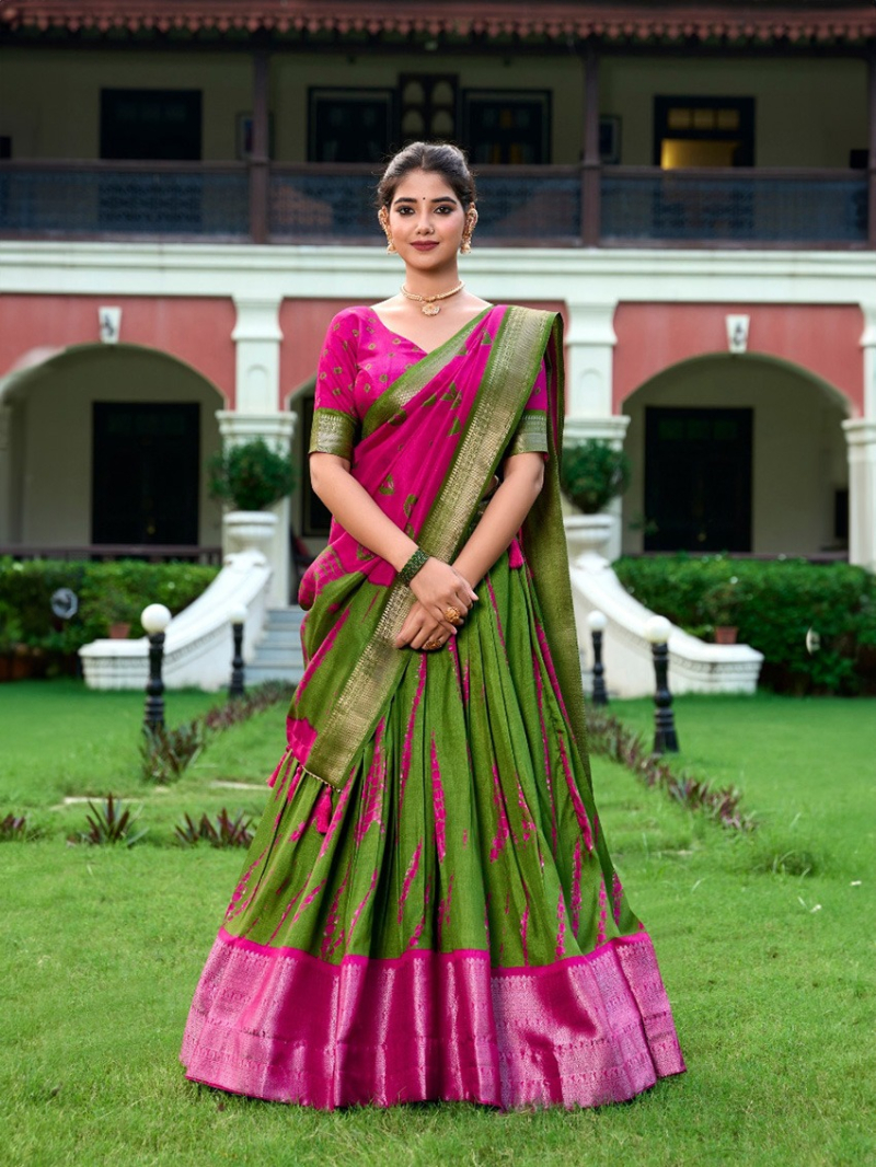 Ethnic Festive  Mehendi Green & Rani Pink Dola Silk Lehanga Suit