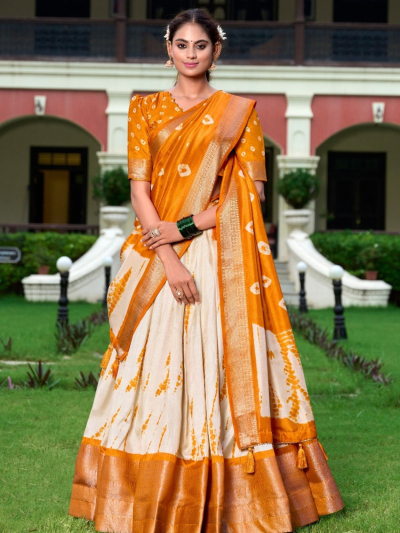 Ethnic Festive Royal Mustard Yellow &  Beige Dola Silk Lehanga Suit