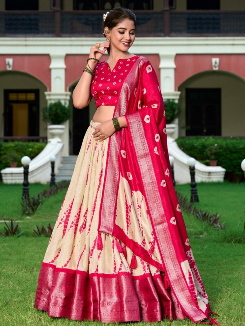 Ethnic Elegant Festive  Cram & Red Dola Silk Lehanga Suit
