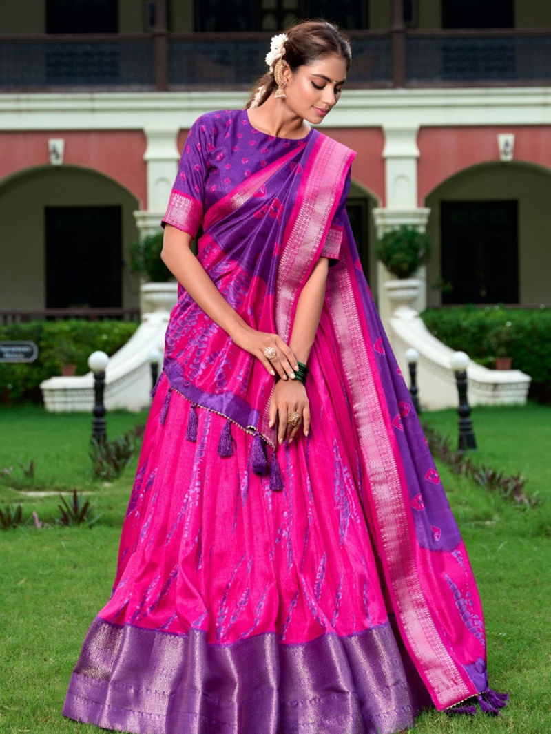 Elegant Ethnic Purple &  Rani Pink Shibori Print Dola Silk Lehanga Suit