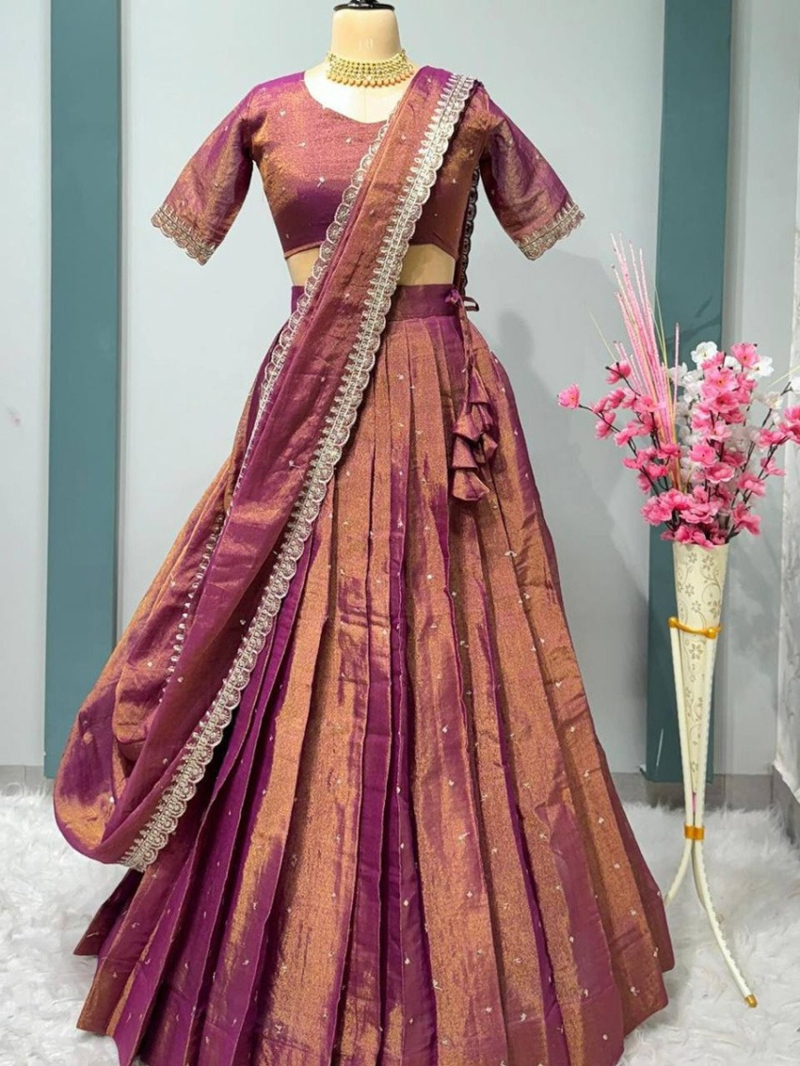 Festive Wear Rust Gold Tissue Cotton Lehanga  Suit