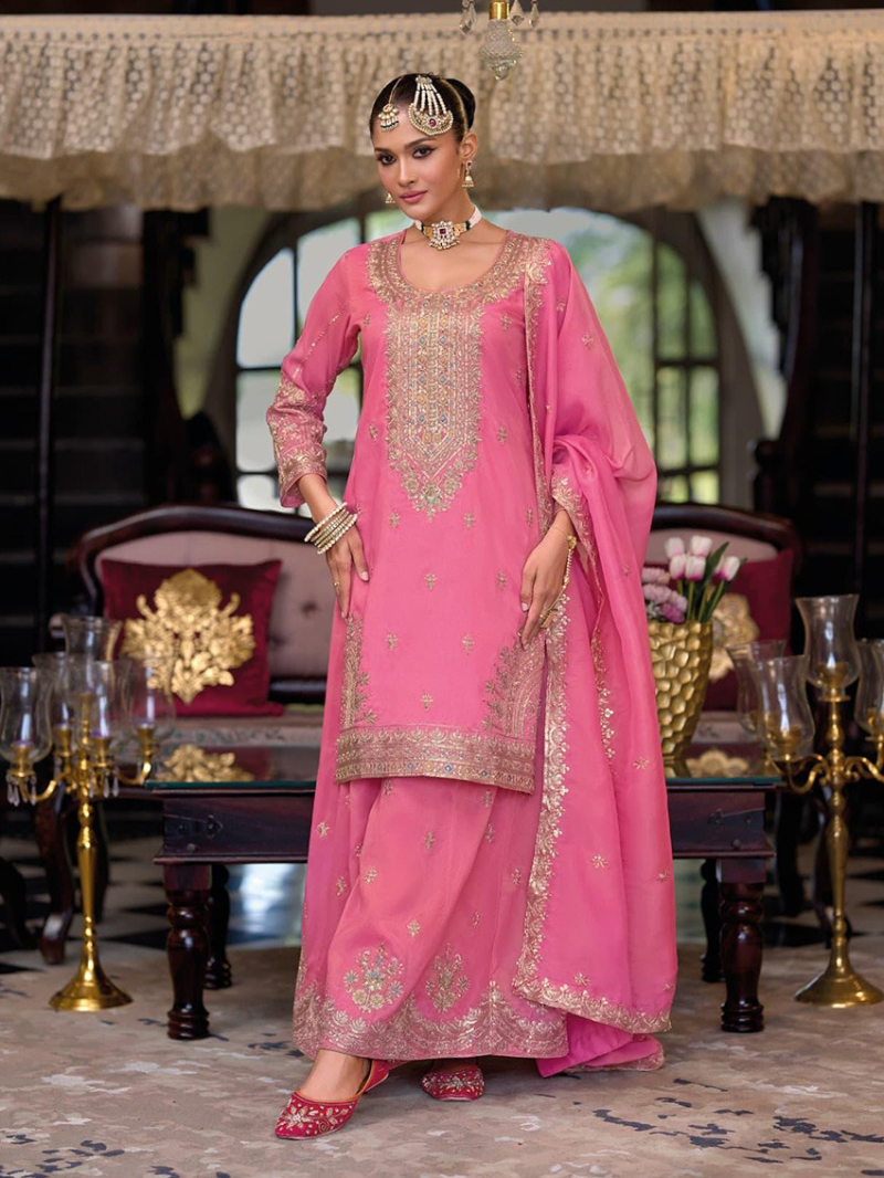 Elegant Ethnic Festive Hot Pink Shimmer Plazo Suit