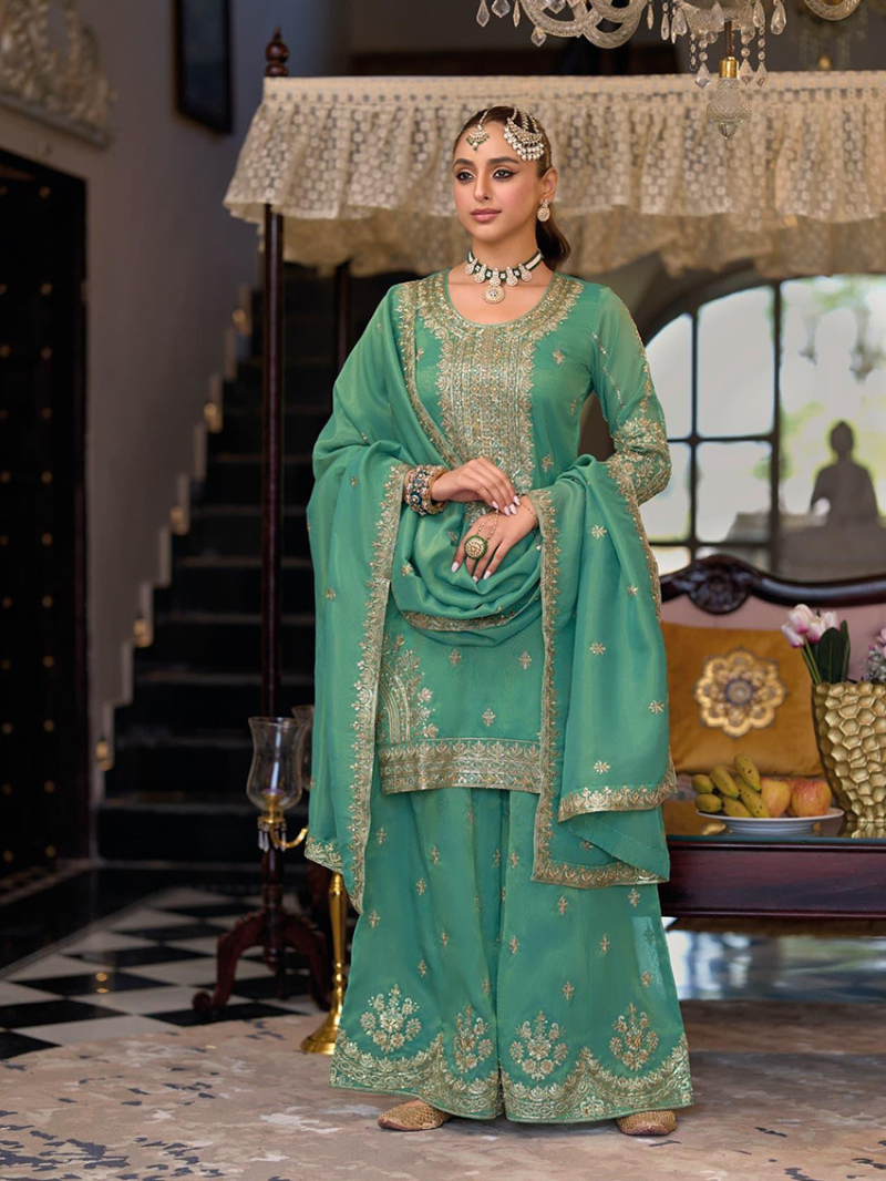 Elegant Ethnic Traditional Teal Embroidered Plazo Suit