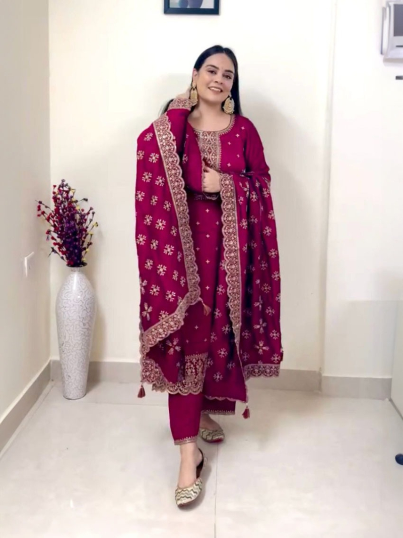 Elegant Ethnic Maroon  Vichitra Silk Straight Suit
