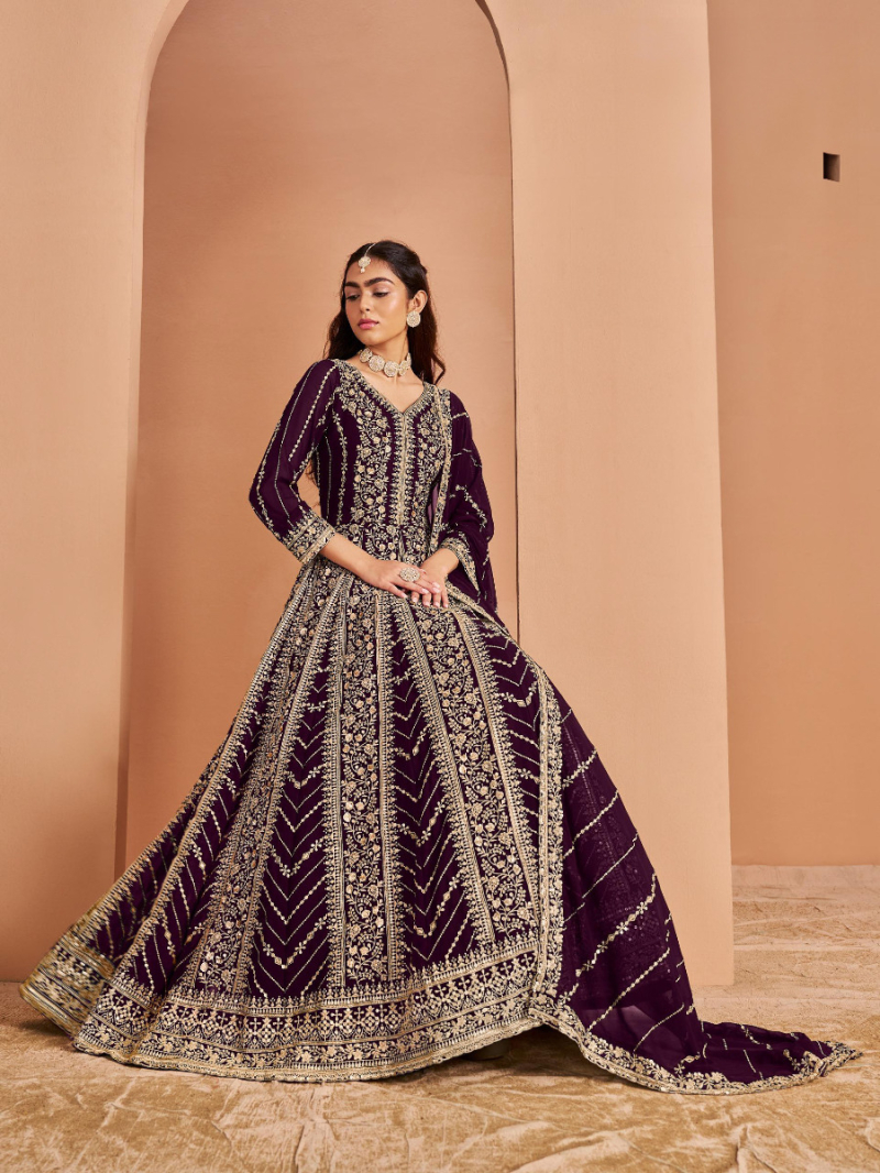 Festive Wear Purple Embroidered Gown