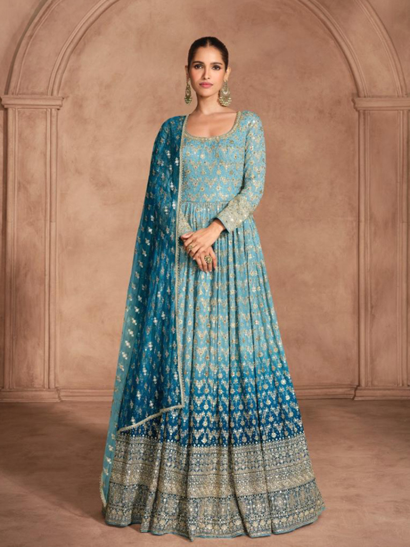 Designer Blue Georgette Embroidered Gown