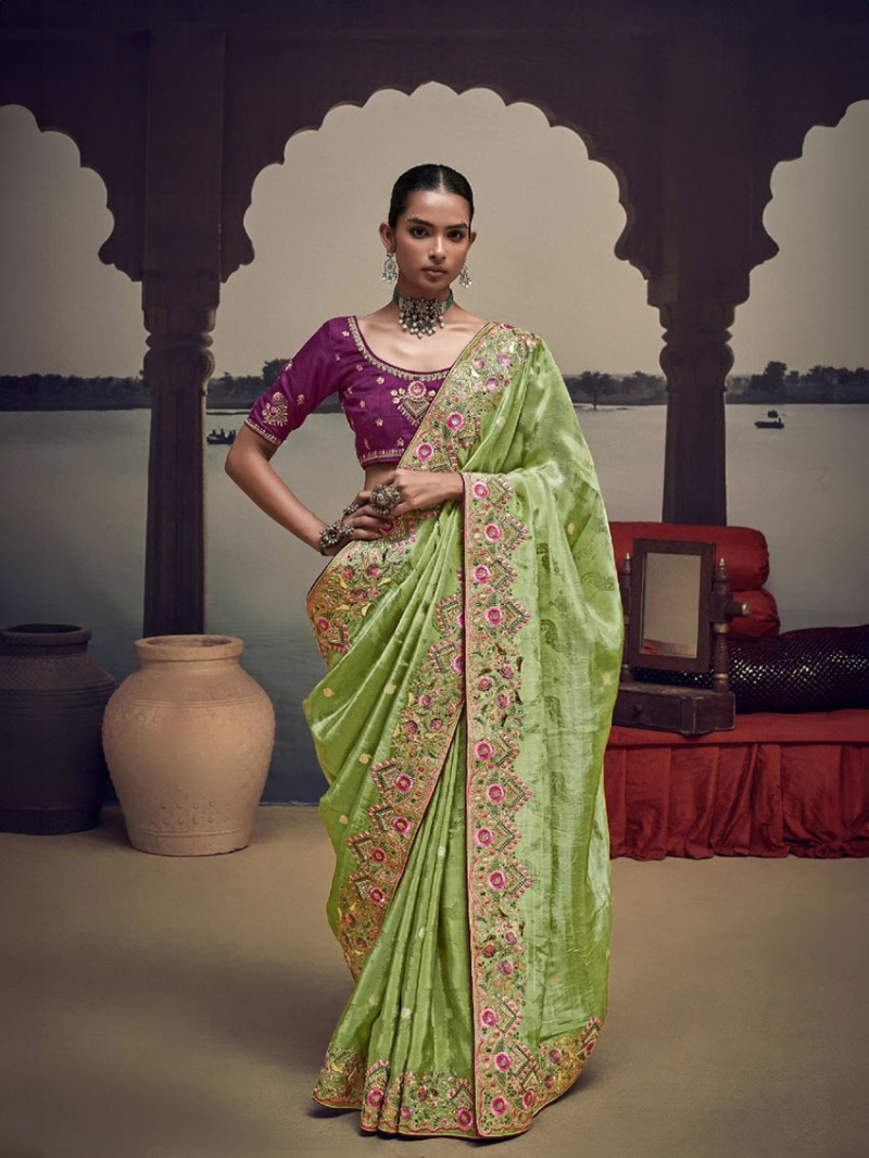 Ethnic Festive Traditional  Pastel Olive Green Satin Silk Saree