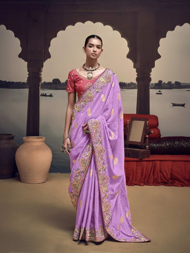 Elegant Ethnic  Festive Lavender  Satin Silk Saree