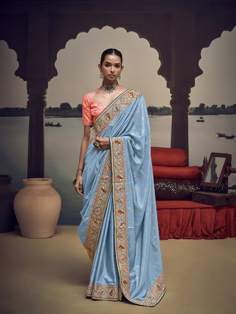 Elegant Ethnic Festive Misty Blue Satin Silk Saree 
