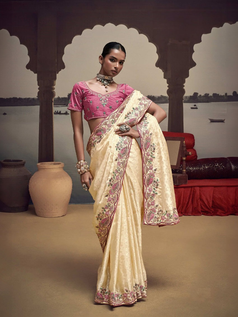Elegant Ethnic Traditional Cream Satin Silk Saree