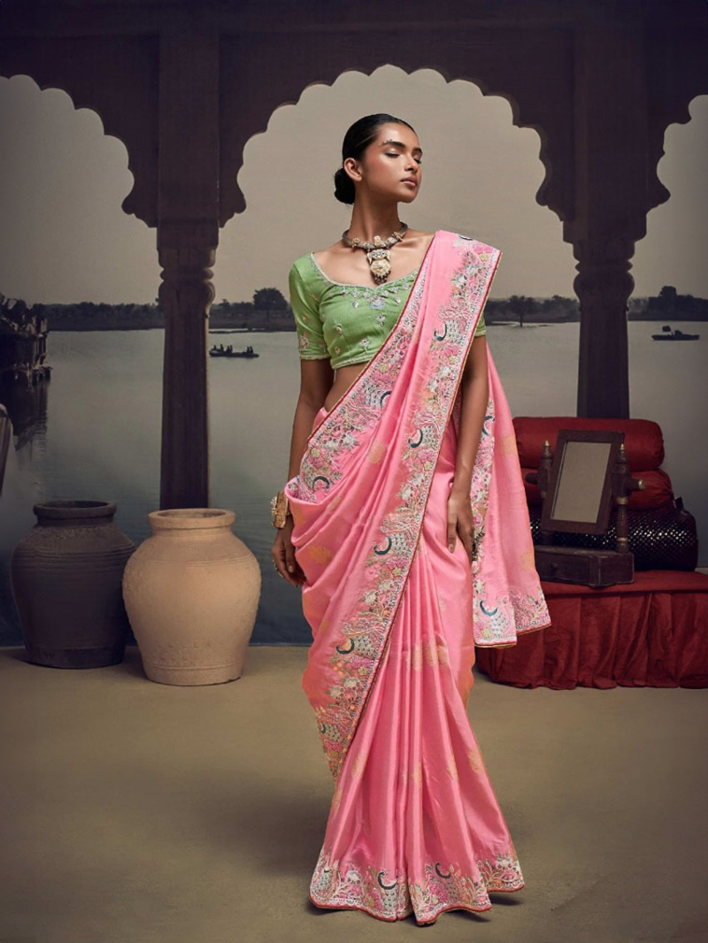 Ethnic Festive Designer Satin Silk  Pastel Pink Saree 