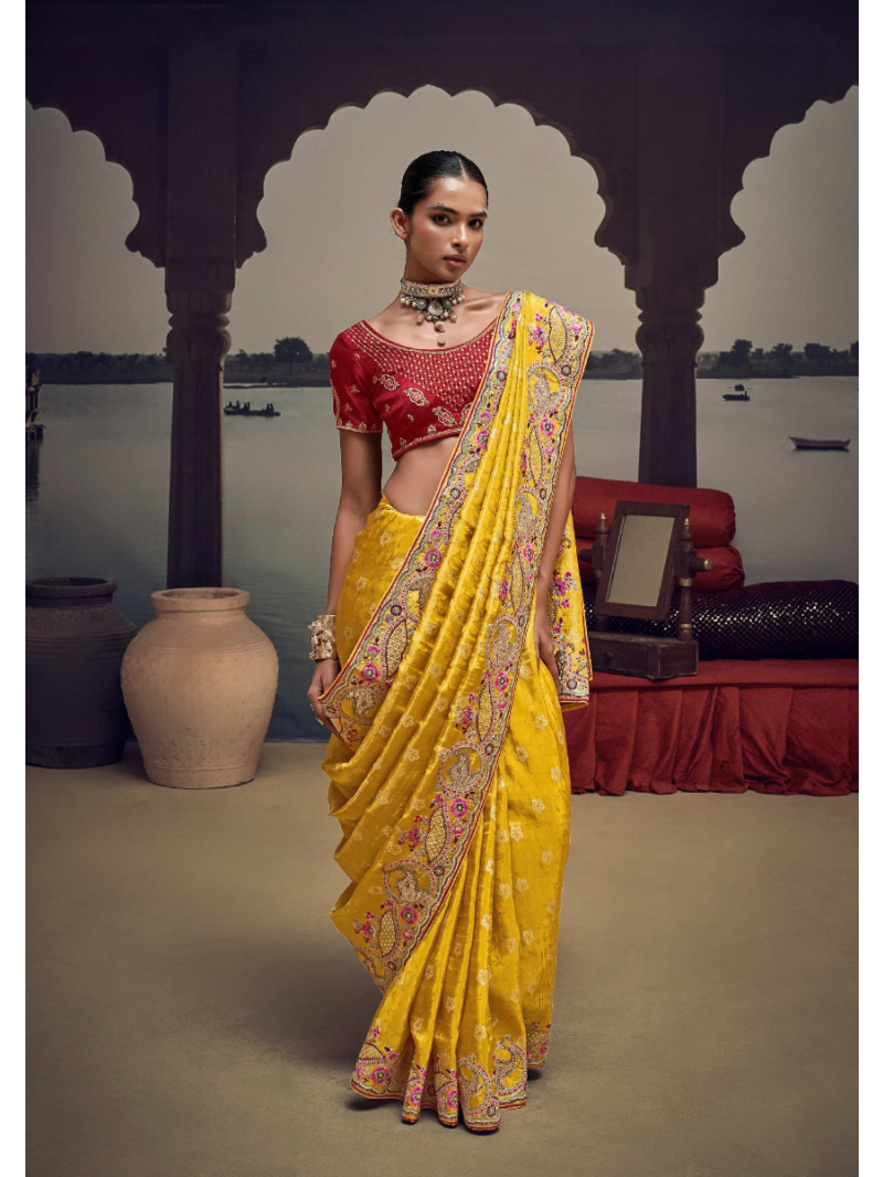 Authentic  Ethnic Festive Mustard Satin Silk Saree