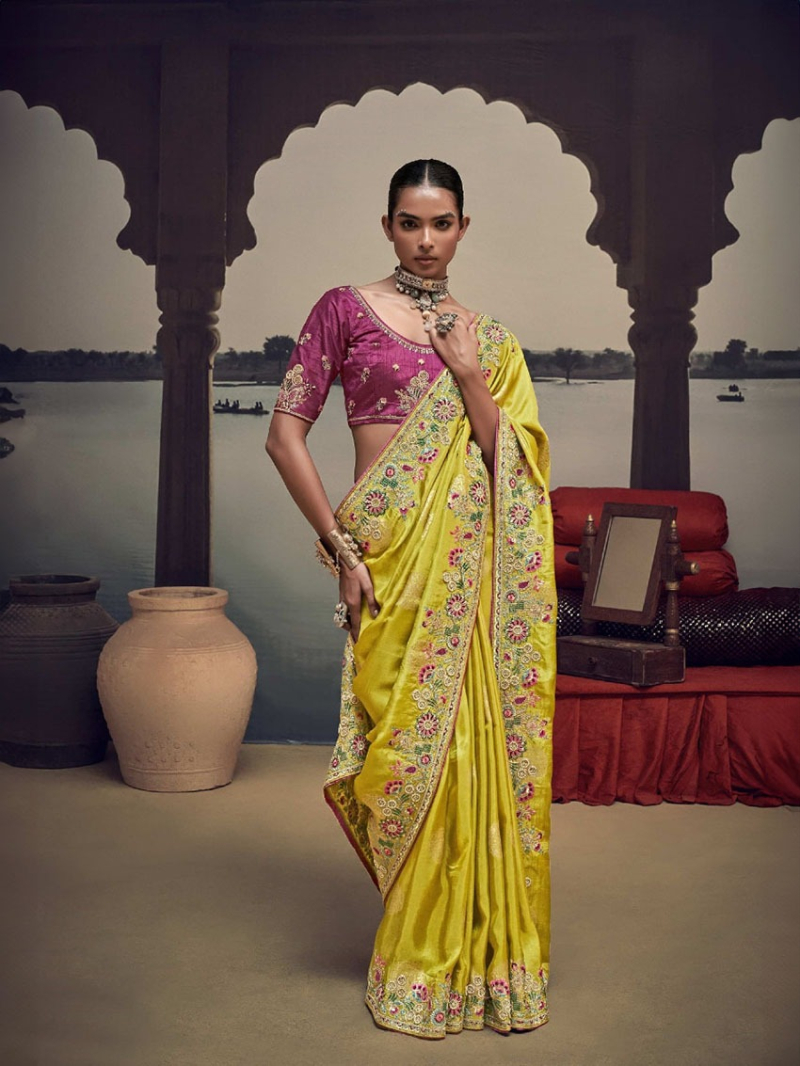 Elegant Ethnic Designer  Satin Silk Light Yellow Saree 