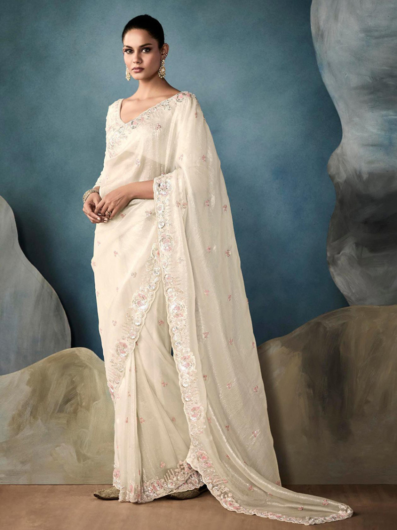 Ethnic Festive Party  White Tissue Silk Saree