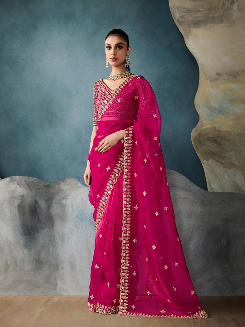 Designer Ethnic Rani Pink Tissue Silk Saree