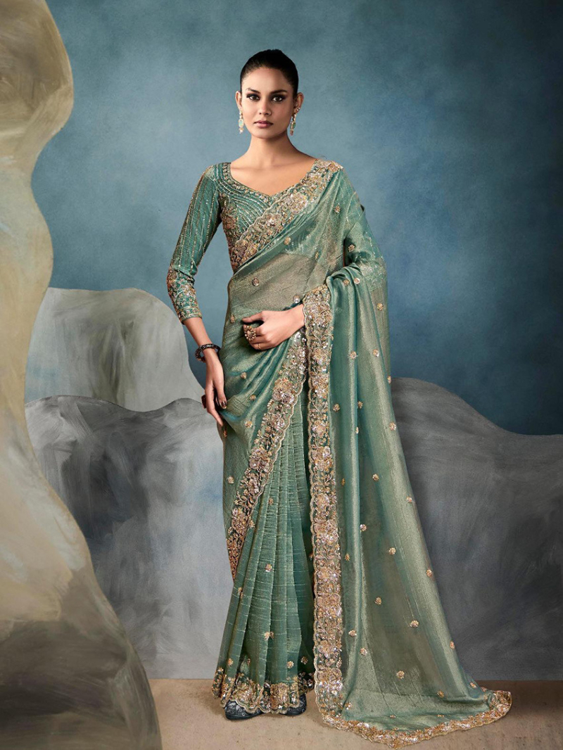Designer Ethnic Festive Sage  Green Tissue Silk Saree
