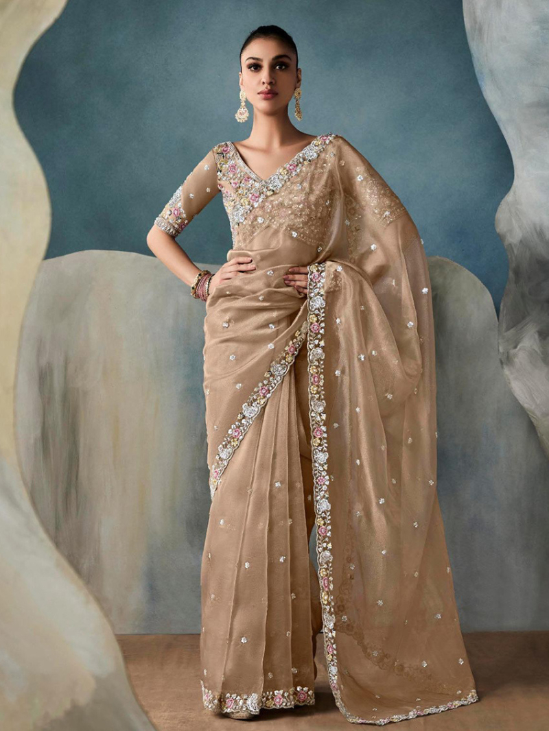Ethnic Designer Fancy Beige Tissue Silk Saree