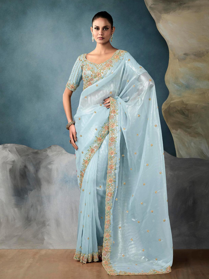 Ethnic Festive Designer Sky Blue Tissue Silk Saree