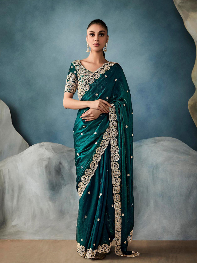 Designer Ethnic  Peacock Green Tissue Silk Saree