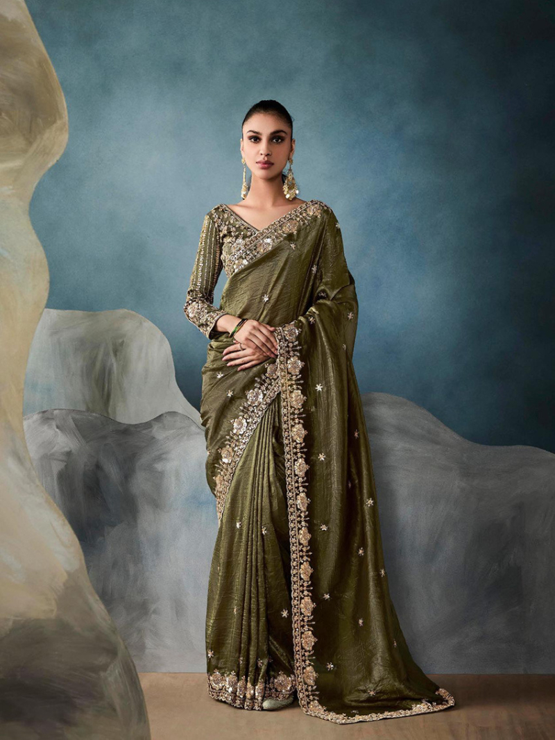 Ethnic Festive Party Wear Olive Green Tissue Silk Saree