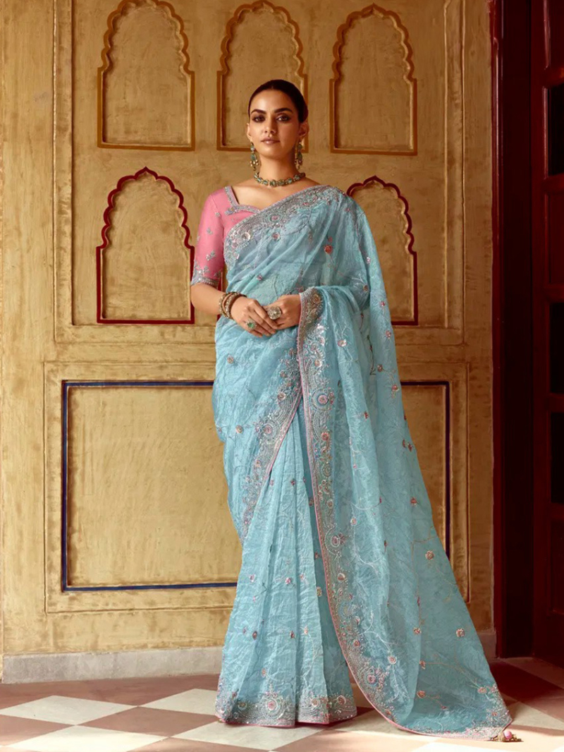 Designer Ethnic Festive  Sky Blue Fancy Silk Saree