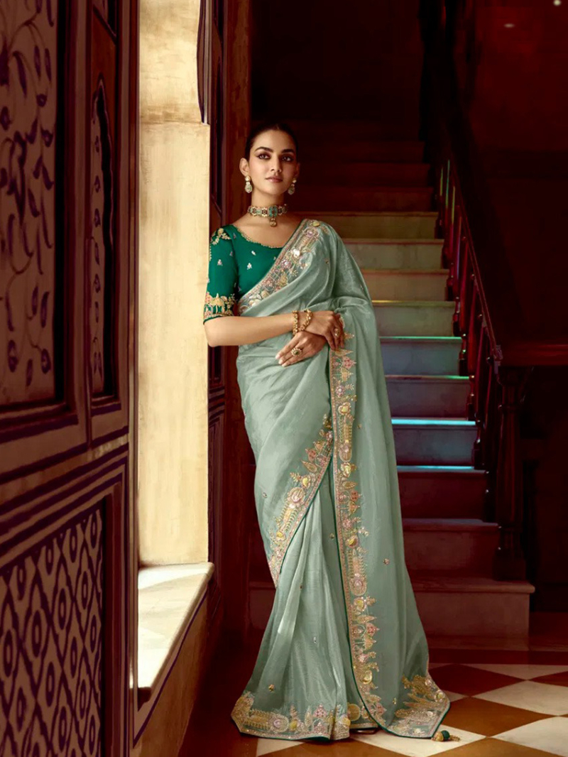 Elegant Designer Festive Pastel Green Fancy Silk Saree