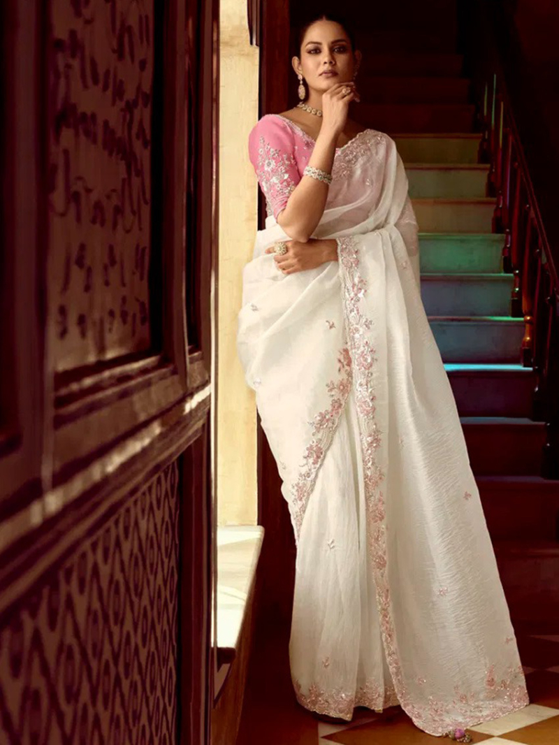 Designer Ethnic Festive  White Fancy Silk Saree