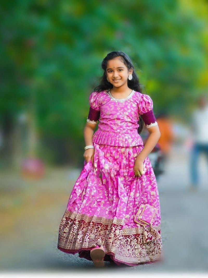 Elegant Ethnic Lichi Silk Hot Pink Kids Lehanga Set