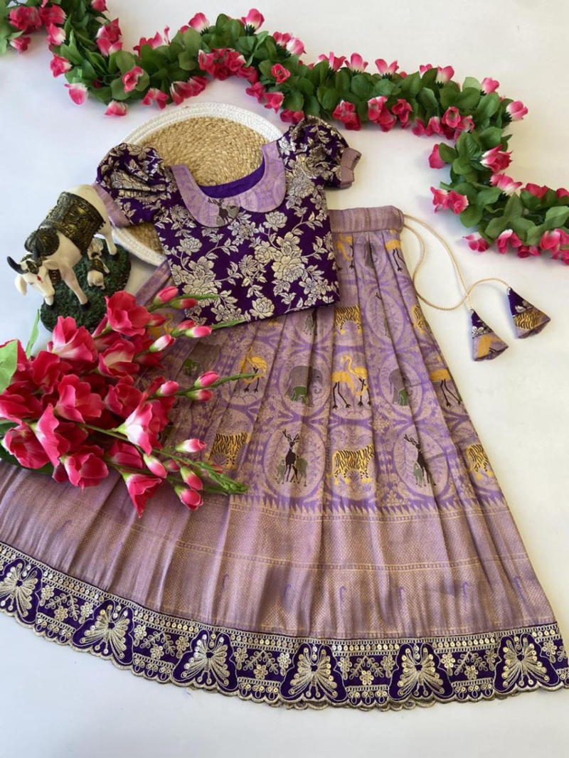 Heavy  Purple Banarasi Silk KIds Lehanga Suit