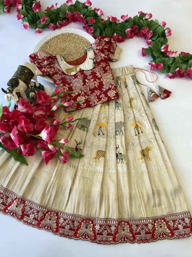 Authentic Ivory Soft Banarasi Silk Kids Lehanga Suit