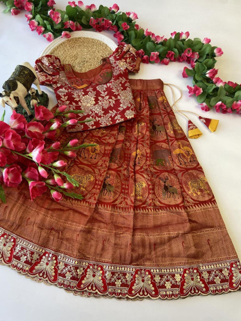Elegant Maroon Heavy Banarasi Silk Kids Lehanga Suit