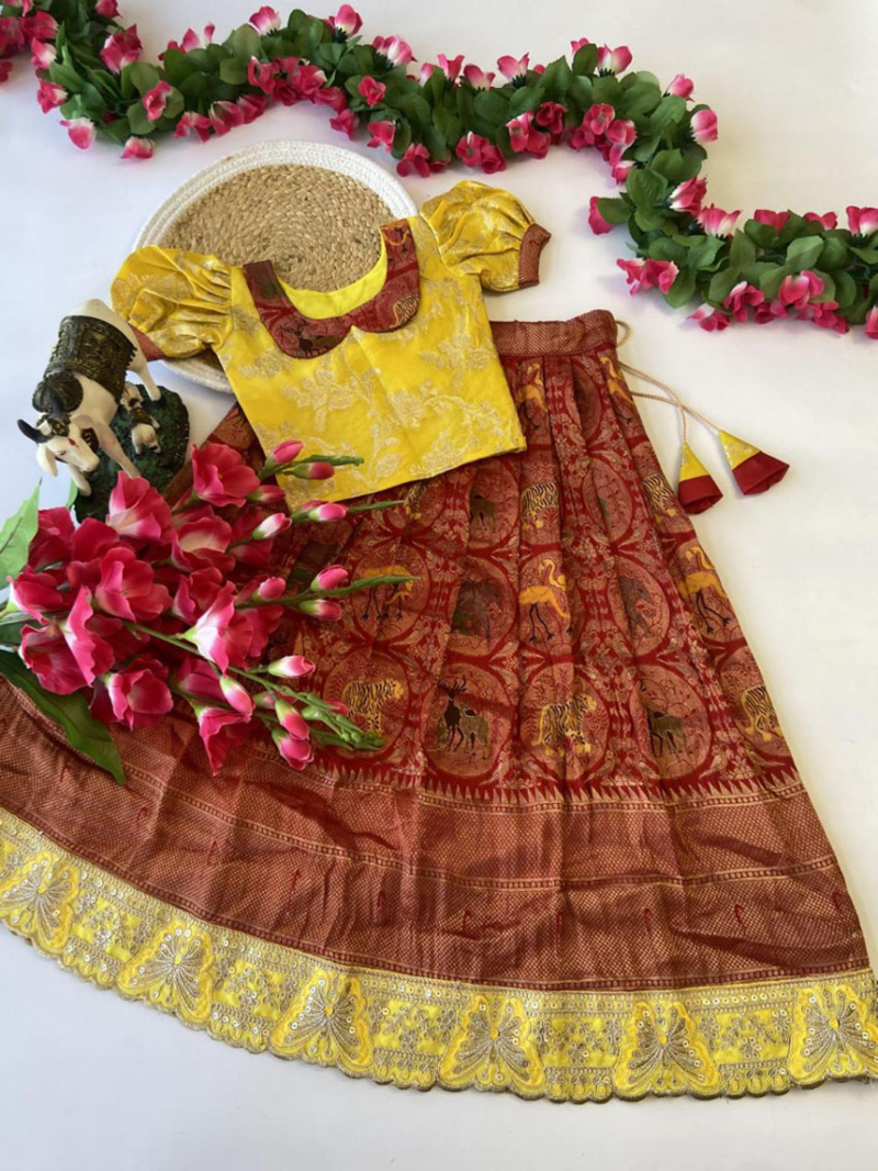 Festive Wear Heavy Banarasi Silk Red  Kids Lehanga Suit