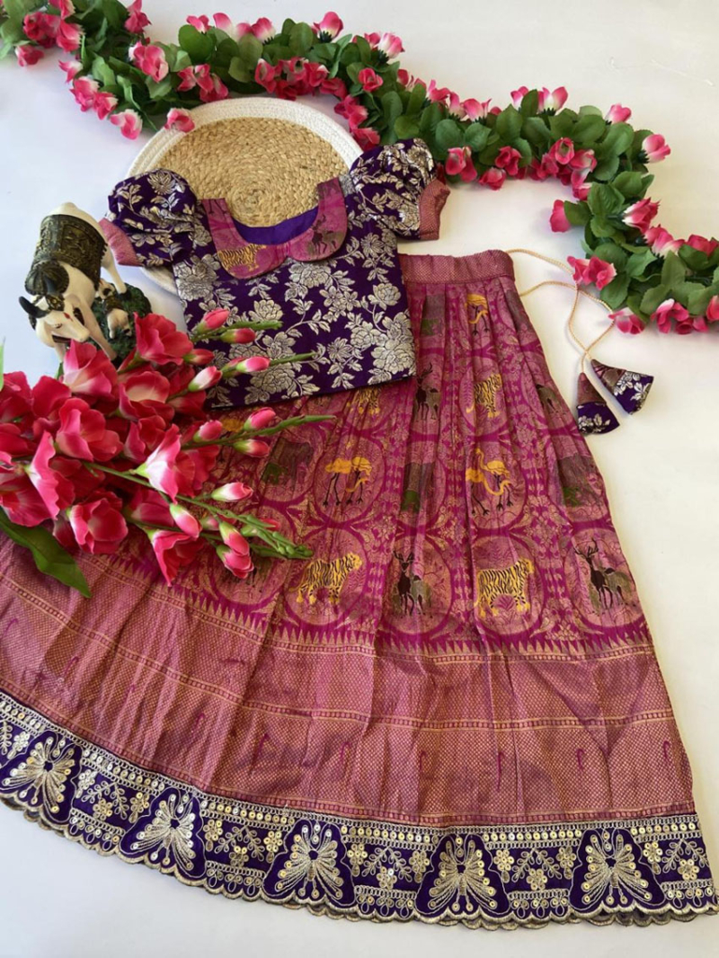 Authernic  Rani Pink Banarasi Silk Kids Lehanga Suit