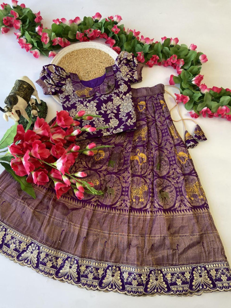 Festive Wear Purple Heavy Banarasi Silk KIds Lehanga Suit